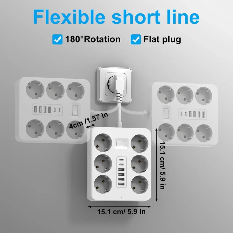 Wall Socket Extender with 6 AC Outlets 4 USB Ports 2 Type-C EU Plug Charger Electrical Switch For Home Power Strip Socket