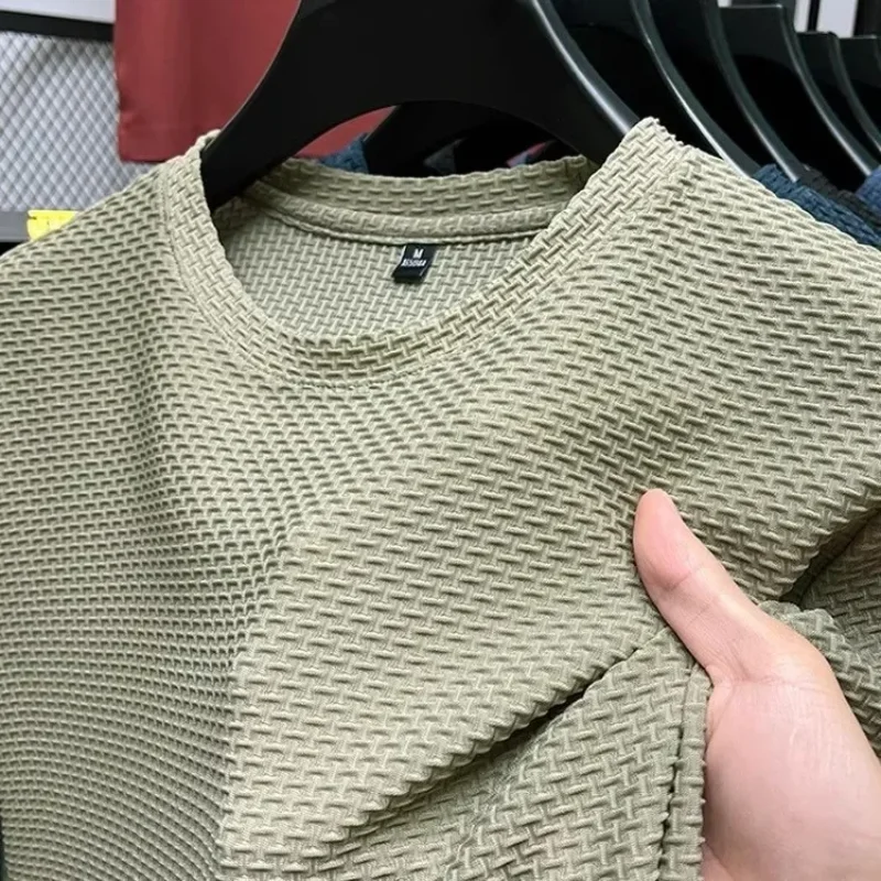Men's Short Sleeve Mesh Bamboo Ice Silk T-shirt Casual Versatile Summer Elastic Slimming Top for Men 2029