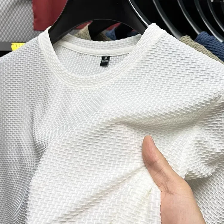 Men's Short Sleeve Mesh Bamboo Ice Silk T-shirt Casual Versatile Summer Elastic Slimming Top for Men 2029