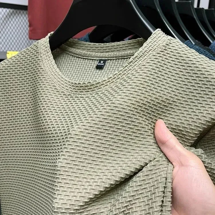 Men's Short Sleeve Mesh Bamboo Ice Silk T-shirt Casual Versatile Summer Elastic Slimming Top for Men 2029