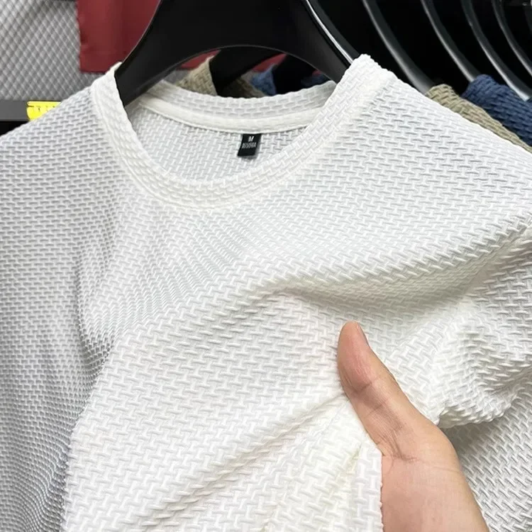 Men's Short Sleeve Mesh Bamboo Ice Silk T-shirt Casual Versatile Summer Elastic Slimming Top for Men 2029