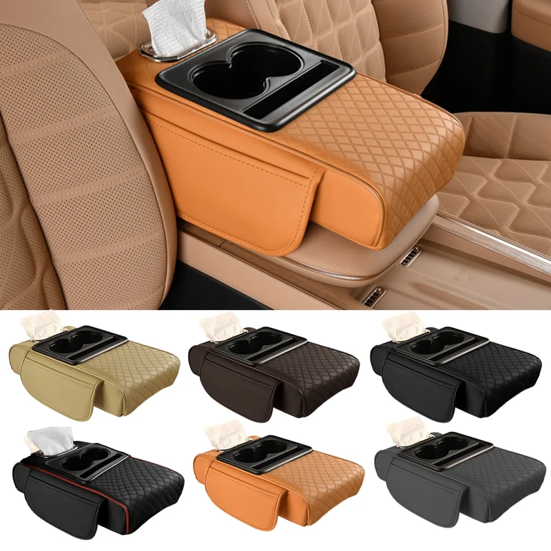 Car Armrest Box Heightening Cushion With Cup Holder Tissue Box Side Storage Pocket For Auto Interior Arm Rest Cover Height Pad