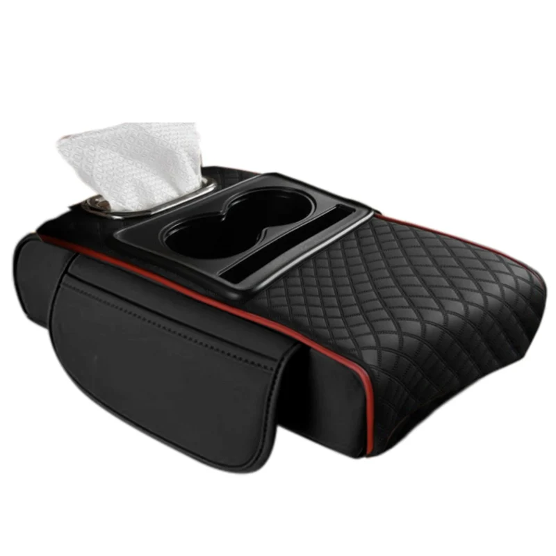 Car Armrest Box Heightening Cushion With Cup Holder Tissue Box Side Storage Pocket For Auto Interior Arm Rest Cover Height Pad