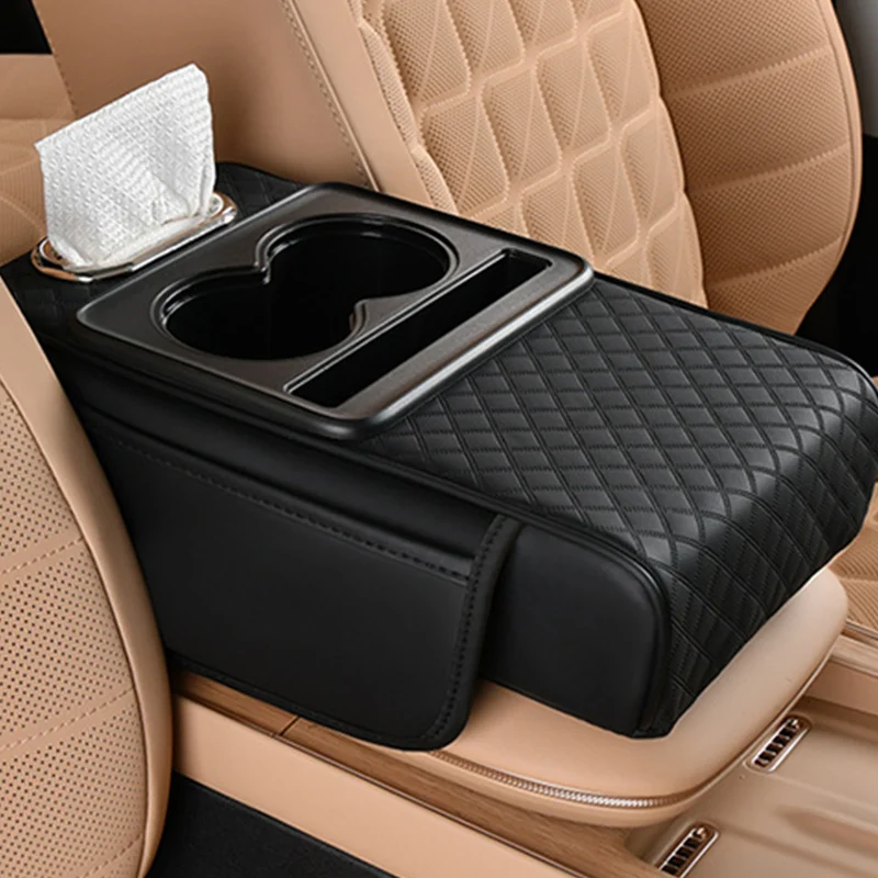 Car Armrest Box Heightening Cushion With Cup Holder Tissue Box Side Storage Pocket For Auto Interior Arm Rest Cover Height Pad