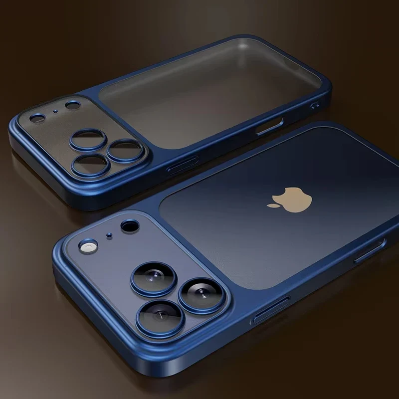 Luxury Transparent Matte Phone Case For iPhone 17Pro Air 17 16 15 14 13 12 11 Pro Max Lens Protection Metallic Color Frame Cover