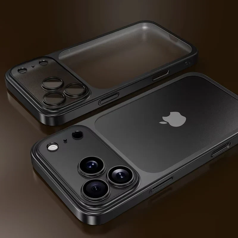 Luxury Transparent Matte Phone Case For iPhone 17Pro Air 17 16 15 14 13 12 11 Pro Max Lens Protection Metallic Color Frame Cover