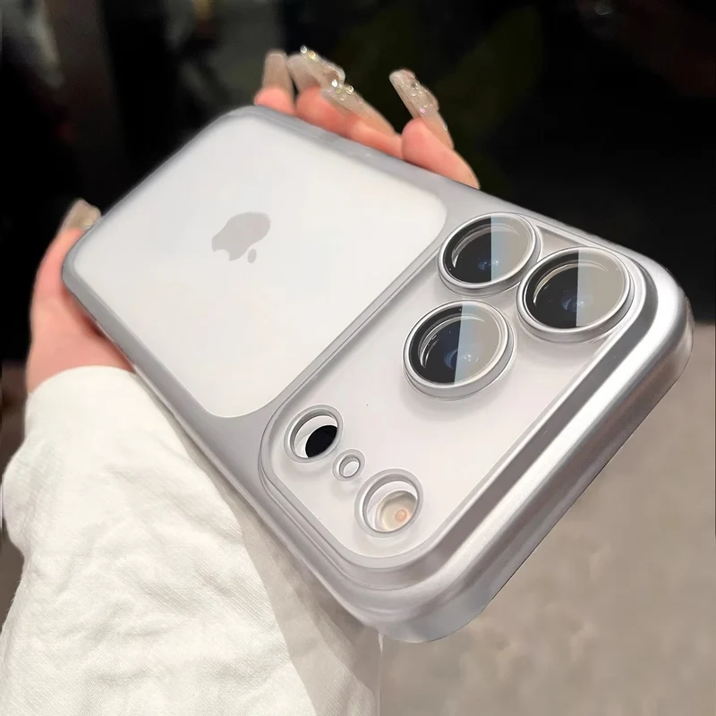 Luxury Transparent Matte Phone Case For iPhone 17Pro Air 17 16 15 14 13 12 11 Pro Max Lens Protection Metallic Color Frame Cover