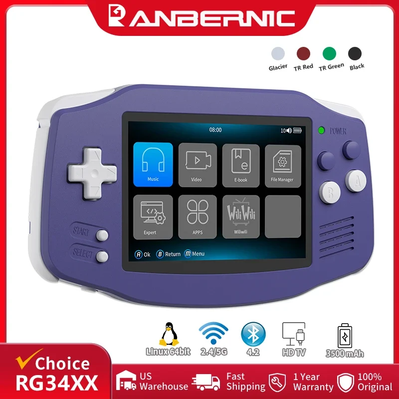 Anbernic RG34XX Handheld Game Console 3.4" IPS Screen Linux 64bit Retro Gaming Player Support WiFi Bluetooth HD TV Out Streaming