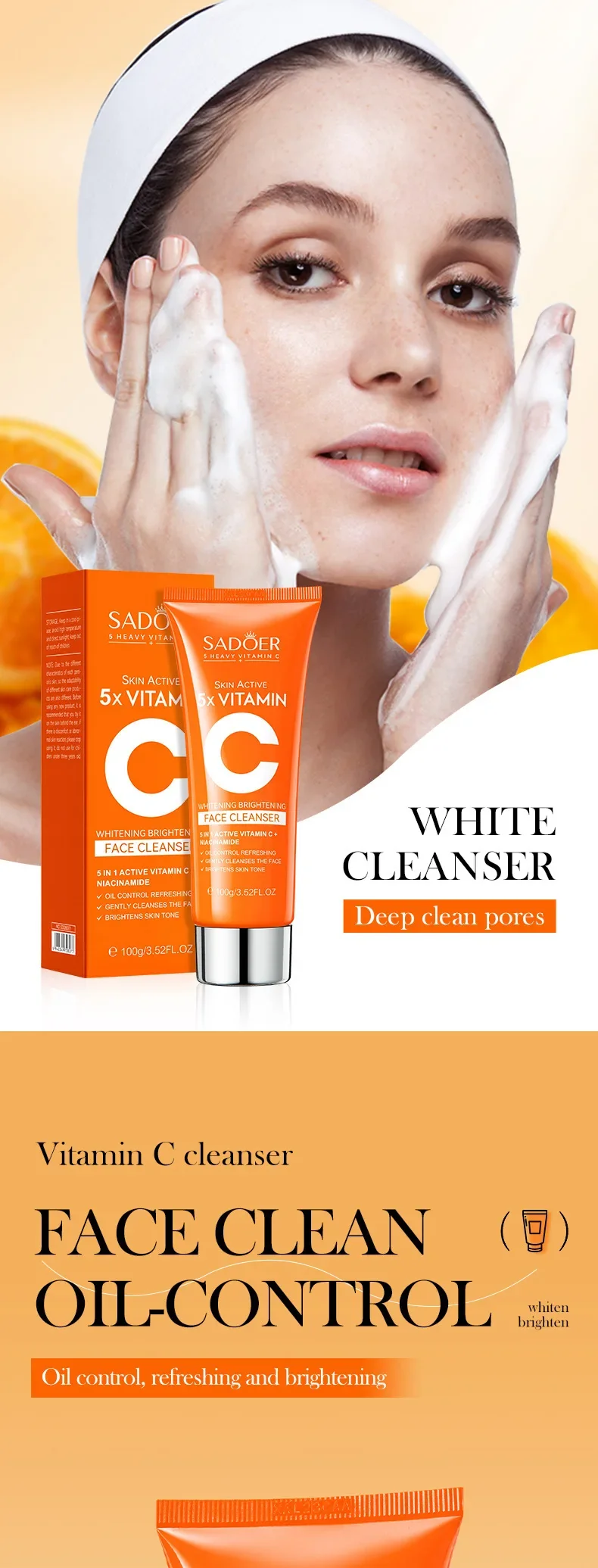 SADOER Vitamin C Facial Cleanser Face Wash Foam Cleanser Deep Cleansing Moisturizing Brightening Hydrating Skin Care Products