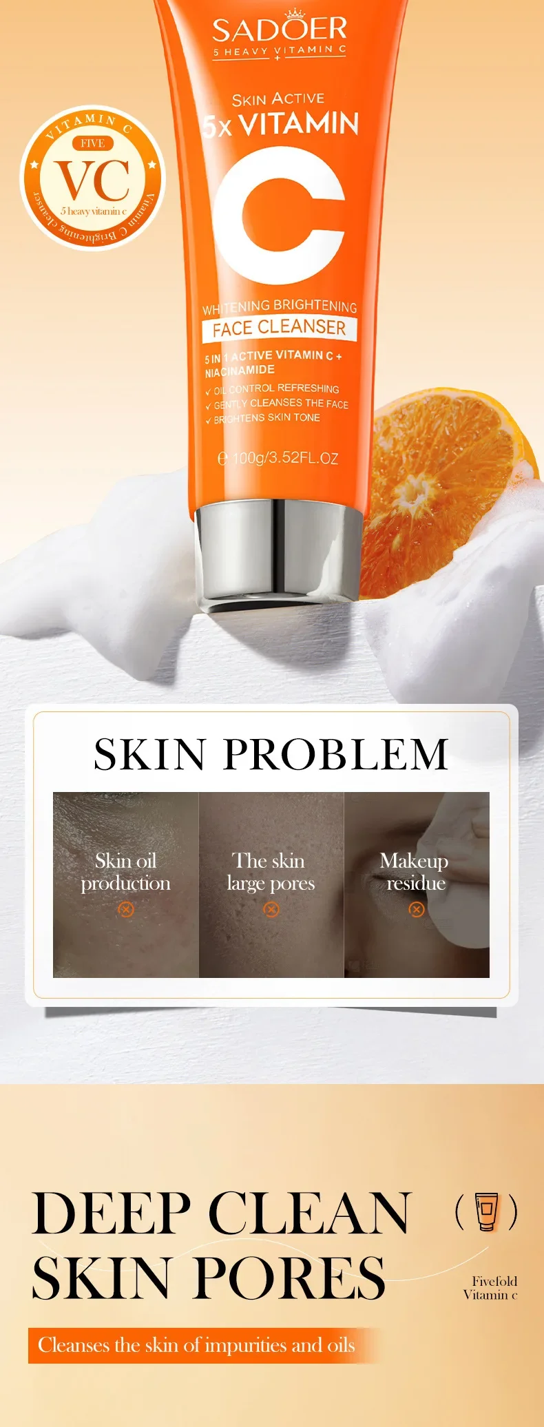 SADOER Vitamin C Facial Cleanser Face Wash Foam Cleanser Deep Cleansing Moisturizing Brightening Hydrating Skin Care Products
