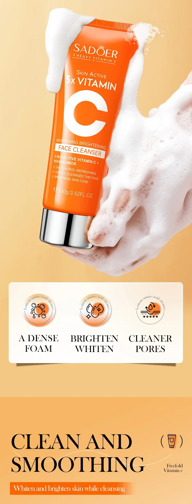 SADOER Vitamin C Facial Cleanser Face Wash Foam Cleanser Deep Cleansing Moisturizing Brightening Hydrating Skin Care Products