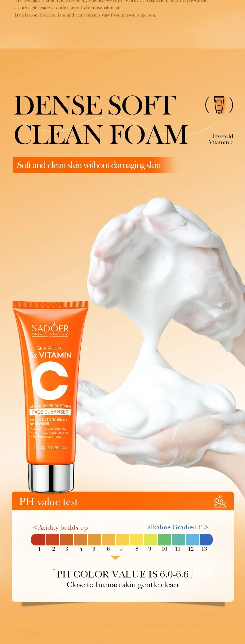 SADOER Vitamin C Facial Cleanser Face Wash Foam Cleanser Deep Cleansing Moisturizing Brightening Hydrating Skin Care Products
