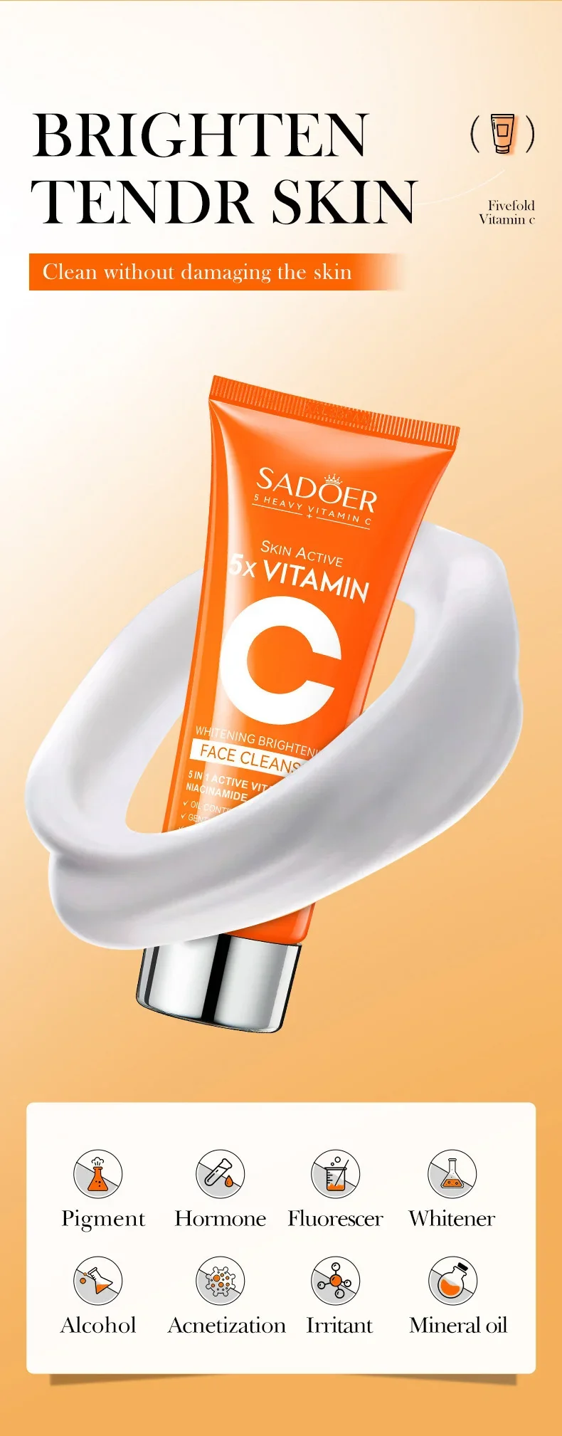 SADOER Vitamin C Facial Cleanser Face Wash Foam Cleanser Deep Cleansing Moisturizing Brightening Hydrating Skin Care Products