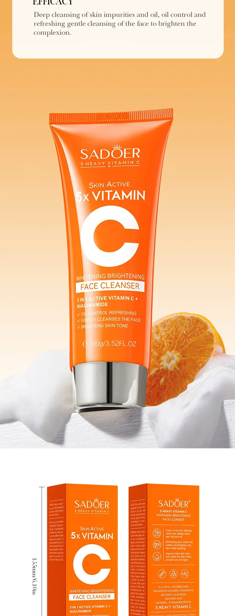 SADOER Vitamin C Facial Cleanser Face Wash Foam Cleanser Deep Cleansing Moisturizing Brightening Hydrating Skin Care Products