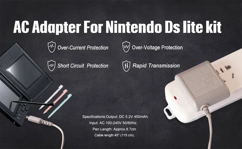 DS Lite Charger Kit, AC Power Adapter Charger and Stylus Pen for Nintendo DS Lite Systems Wall Travel Charging Cable 5.2V 450mA