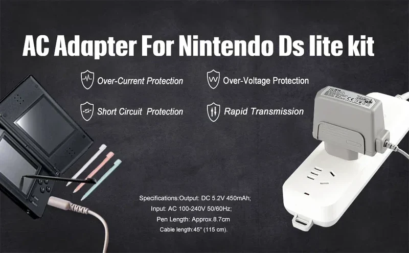 DS Lite Charger Kit, AC Power Adapter Charger and Stylus Pen for Nintendo DS Lite Systems Wall Travel Charging Cable 5.2V 450mA