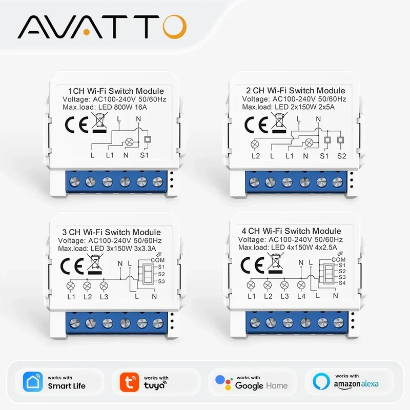 AVATTO WiFi Smart Light Switch Module，1/2/3/4 Gang DIY Breaker Neutral Wire Control Works With Tuya Alexa, Google Home