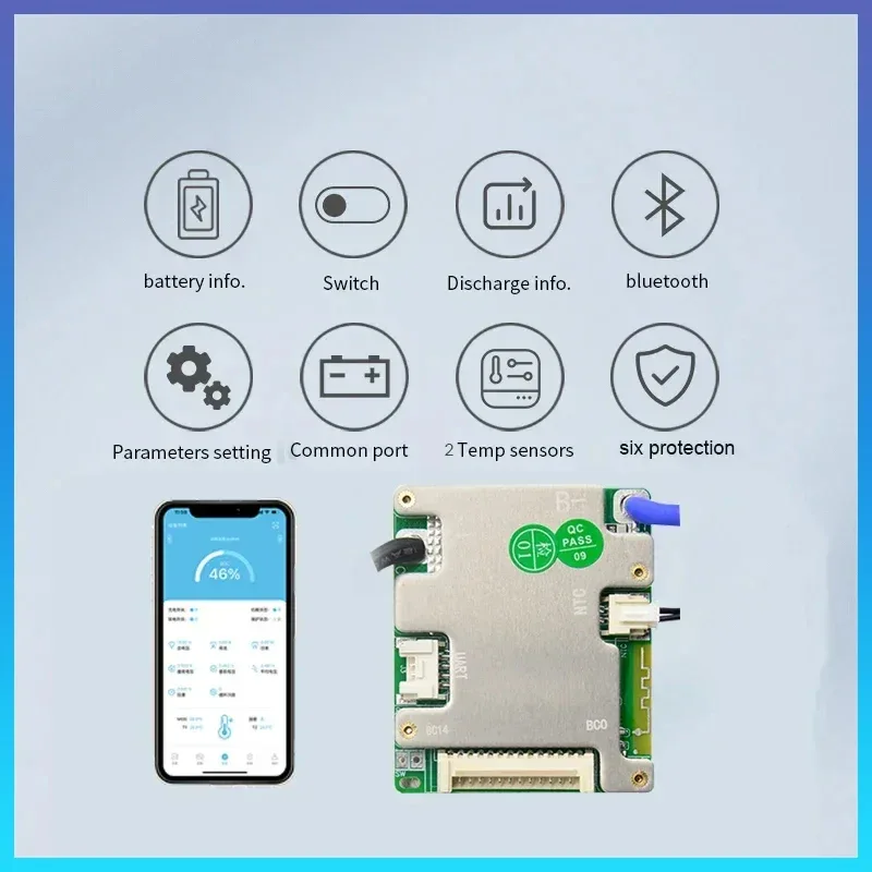 JBD Smart BMS 7S 8S 9S 10S 11S 12S 13S 14S 24V 36V 48V Built-in BT 20A 30A BMS Lifepo4 Li-ion Passive Balance Uart for E-bike