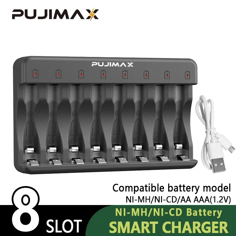 PUJIMAX 8-Slots 1.2V LCD Display Smart Battery Charger For AA/AAA NiMh NiCd Rechargeable Batteries aa aaa Batteries Charger