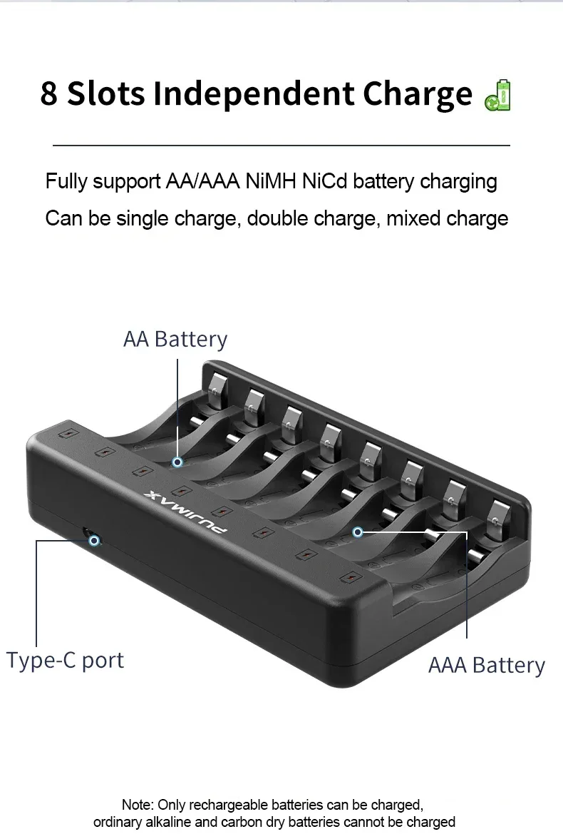 PUJIMAX 8-Slots 1.2V LCD Display Smart Battery Charger For AA/AAA NiMh NiCd Rechargeable Batteries aa aaa Batteries Charger