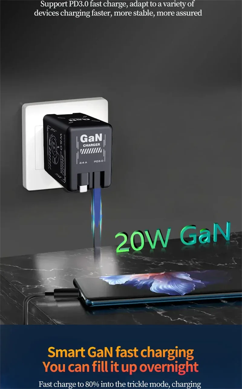 Multi Functional Folding Adapter Charging Protection GaN 20W PD3.0 Fast Charger With Retractable Type-C Cable Portable General