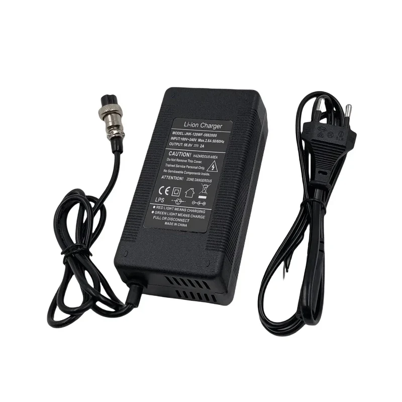 58.8V 2A Charger with GX16-3 Pin DC5.5 XLR Plug, Power Adapter for 52V Li-ion Battery Input 100-240V