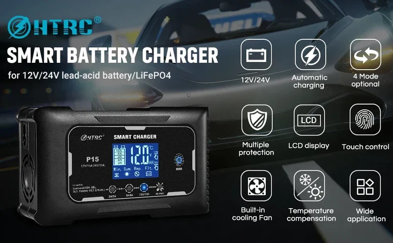 HTRC 12V/24V 15A/20A Car Battery Charger Smart Charger for Lead-Acid PB LiFePO4 Battery 7-Stage Automatic Car Motorcycle Charger