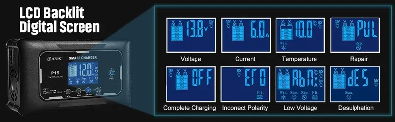 HTRC 12V/24V 15A/20A Car Battery Charger Smart Charger for Lead-Acid PB LiFePO4 Battery 7-Stage Automatic Car Motorcycle Charger