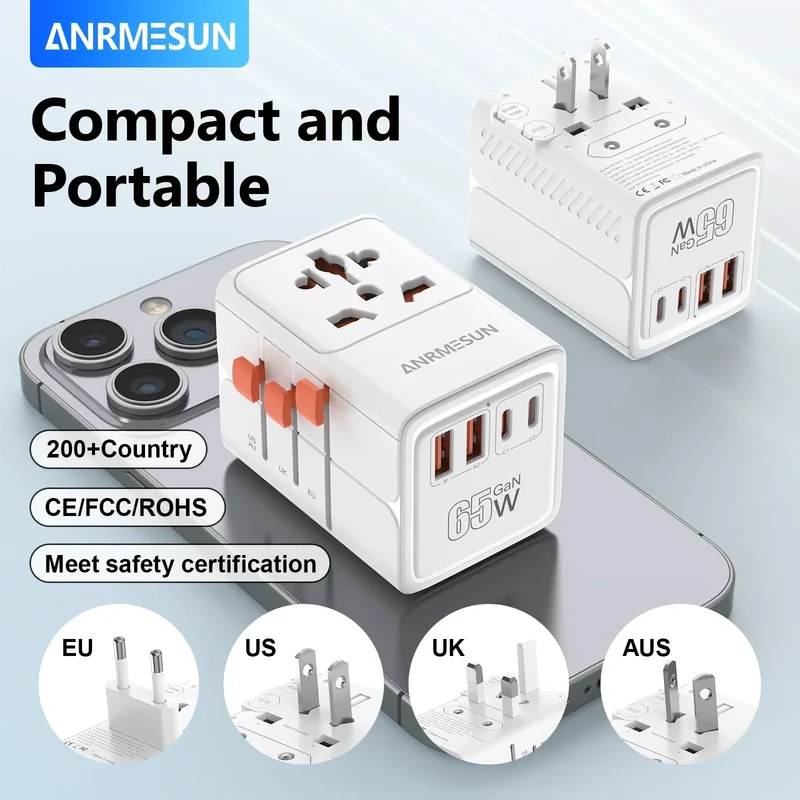 ANRMESUN 65W GaN Universal Travel Adapter with 2 USB 2 Type C Fast Charging All-in-one Travel Charger EU/UK/USA/AUS for Travel