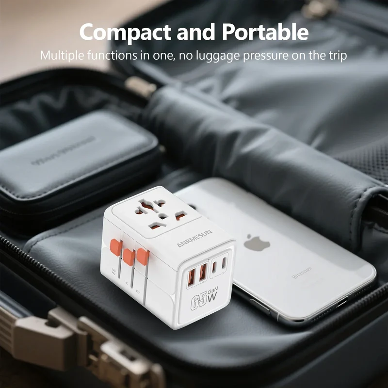 ANRMESUN 65W GaN Universal Travel Adapter with 2 USB 2 Type C Fast Charging All-in-one Travel Charger EU/UK/USA/AUS for Travel