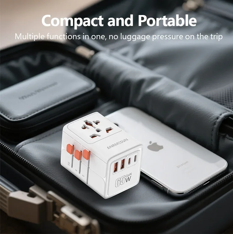 ANRMESUN 65W GaN Universal Travel Adapter with 2 USB 2 Type C Fast Charging All-in-one Travel Charger EU/UK/USA/AUS for Travel
