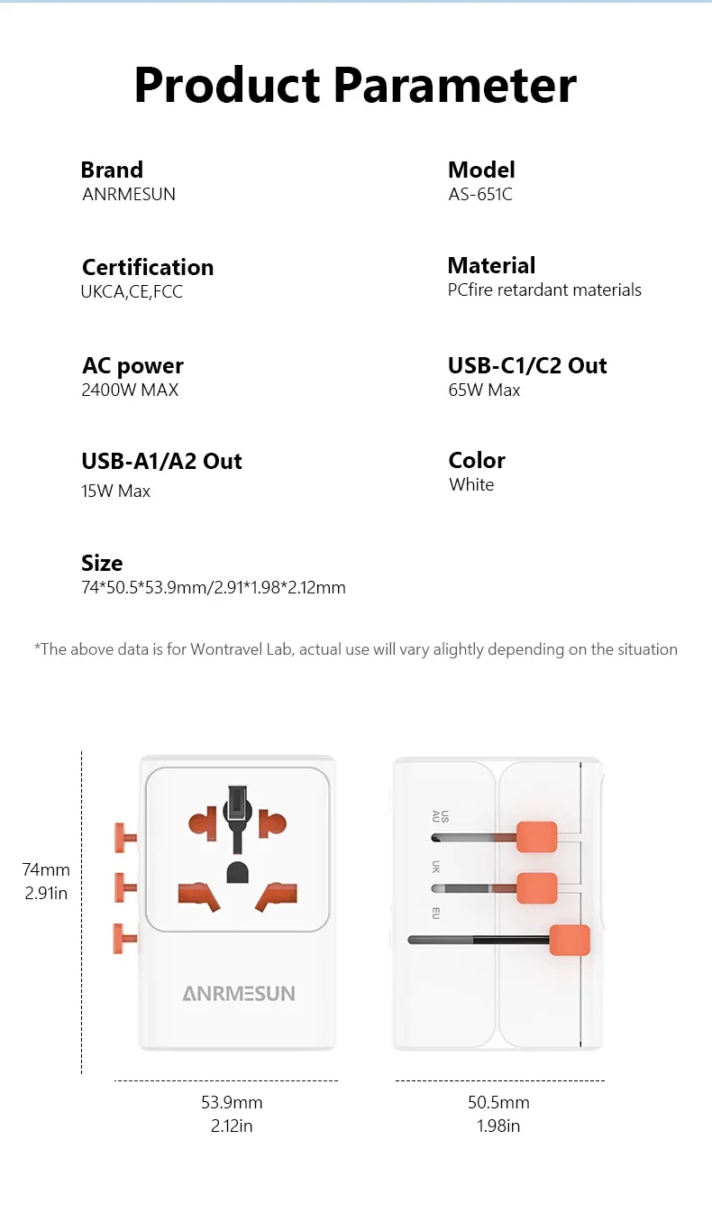 ANRMESUN 65W GaN Universal Travel Adapter with 2 USB 2 Type C Fast Charging All-in-one Travel Charger EU/UK/USA/AUS for Travel
