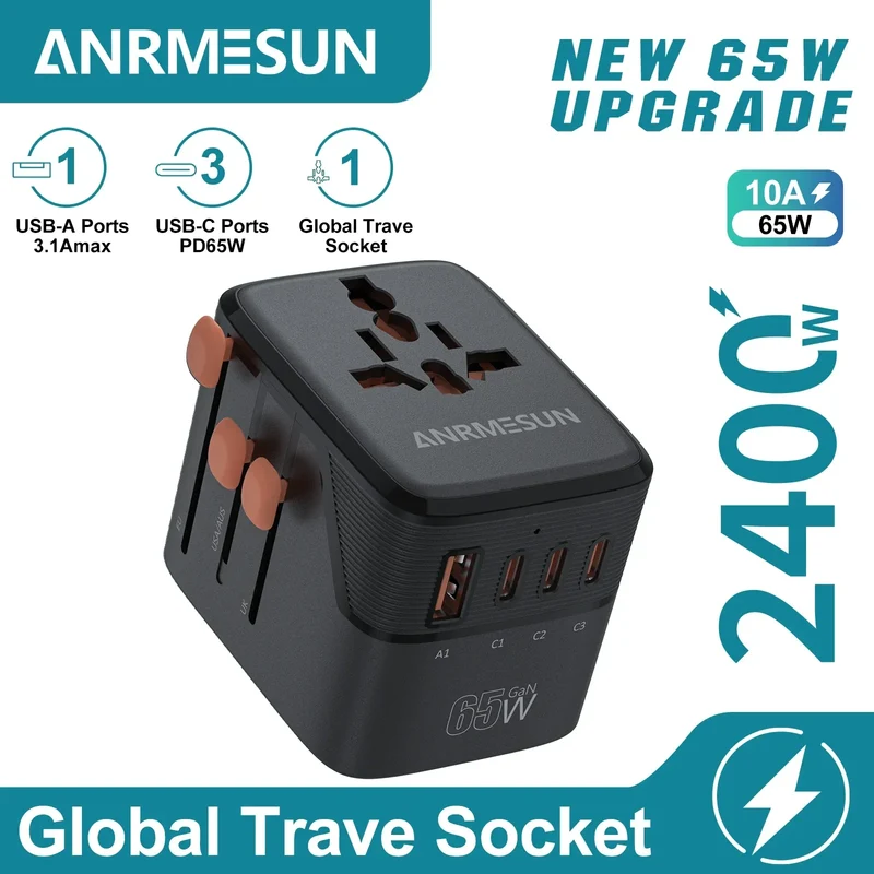ANRMESUN 65W GaN Universal Travel Adapter with 2 USB 2 Type C Fast Charging All-in-one Travel Charger EU/UK/USA/AUS for Travel