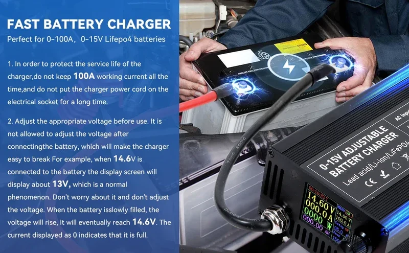 Portable 12V100A Lifepo4 Battery Charger 40A 50A Lithium Battery Charger 60A 85A with Adjustable Voltage and Current Anderson