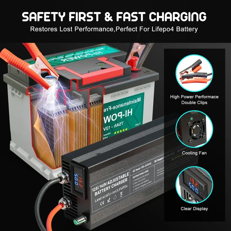 Portable 12V100A Lifepo4 Battery Charger 40A 50A Lithium Battery Charger 60A 85A with Adjustable Voltage and Current Anderson
