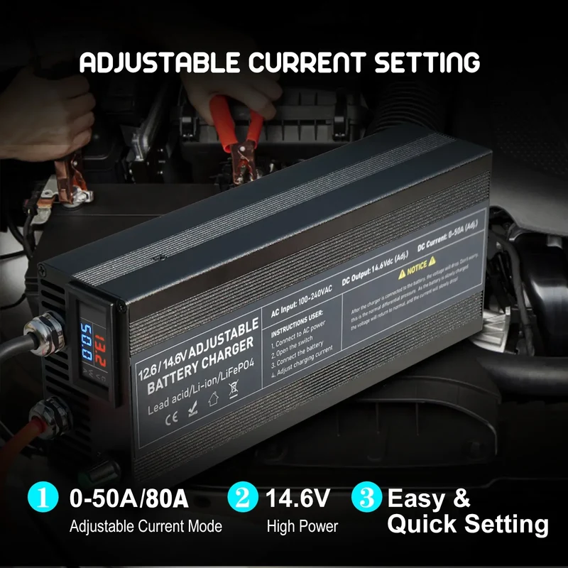 Portable 12V100A Lifepo4 Battery Charger 40A 50A Lithium Battery Charger 60A 85A with Adjustable Voltage and Current Anderson