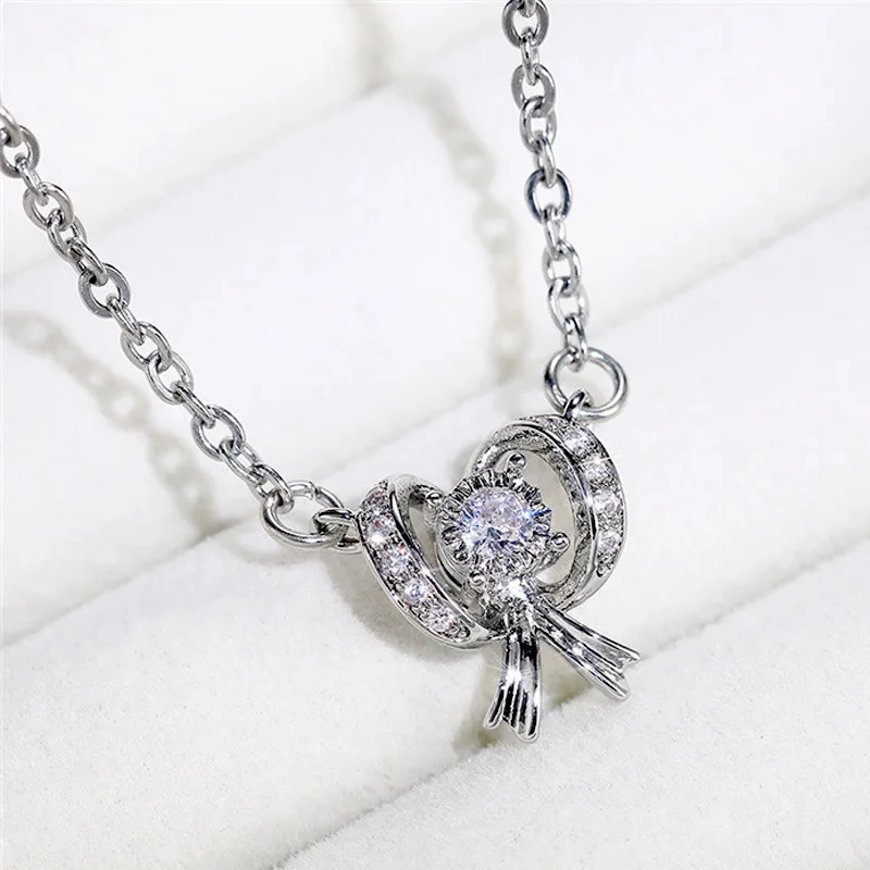 XL283 Cute Bowknot Pendant Necklace 925 Silver Gold Plated White Gold Crystal Rhinestone Claw Setting Box Chain Unisex Everyday
