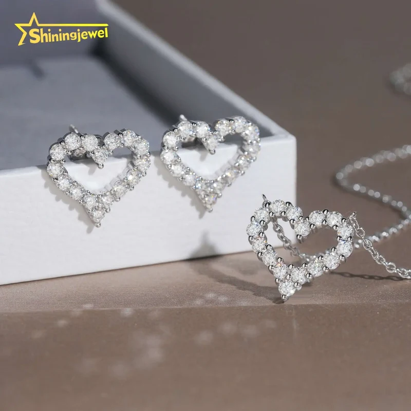 USA Warehouse Best Gift Set Iced Out Heart Earrings & Necklace Set 925 Silver VVS Moissanite Jewelry Hip Hop Stud Earrings