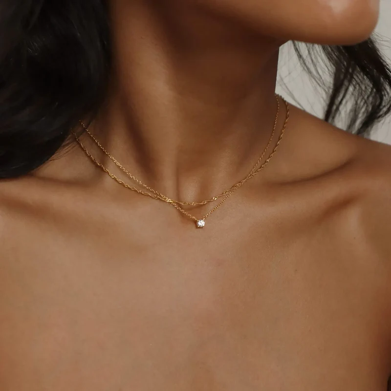 Simple Hypoallergenic Women's Necklace Stainless Steel Wave Cross Chain 14K Gold Plated Double Layer CZ Zircon Necklace