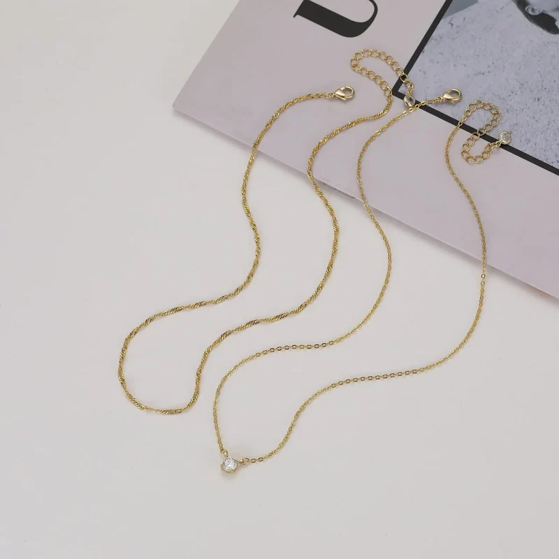 Simple Hypoallergenic Women's Necklace Stainless Steel Wave Cross Chain 14K Gold Plated Double Layer CZ Zircon Necklace