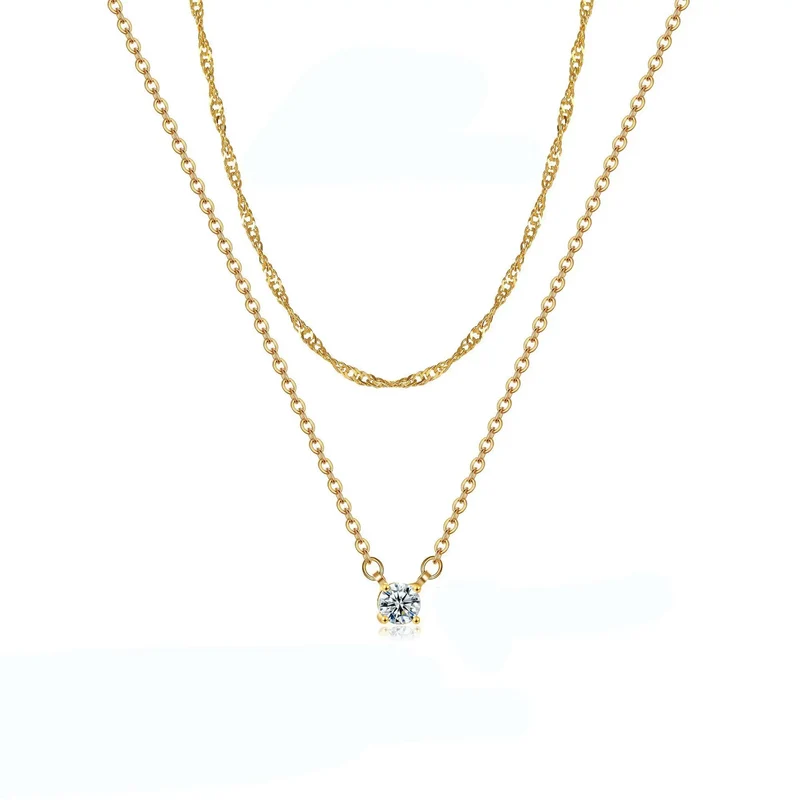 Simple Hypoallergenic Women's Necklace Stainless Steel Wave Cross Chain 14K Gold Plated Double Layer CZ Zircon Necklace