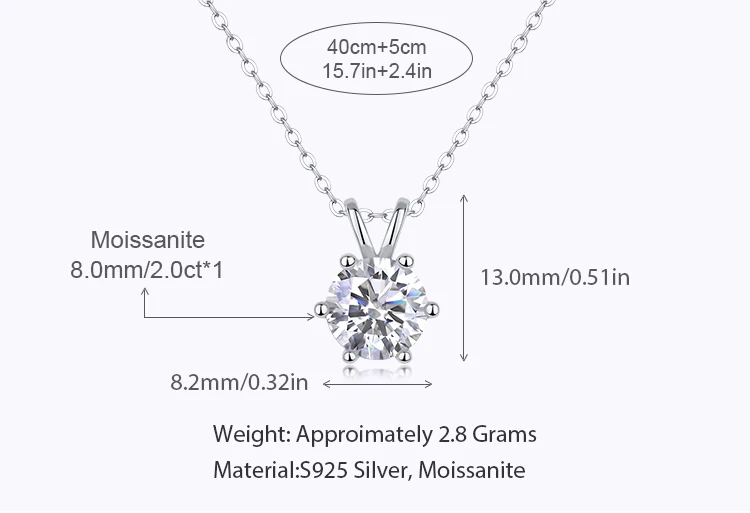 RTS Wholesale 2 Carat Moissanite Pendant Necklace 925 Sterling Silver with 6 Prong Setting Classic Jewelry Women Gift Necklace