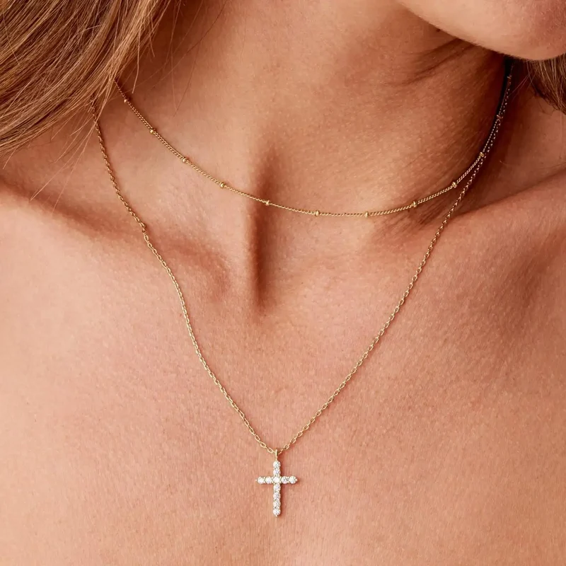 Luxury Hypoallergenic 18K Gold Plated Stainless Steel Double-Layer Micro Inlaid Zircon Cross Necklace with Adjustable Chain