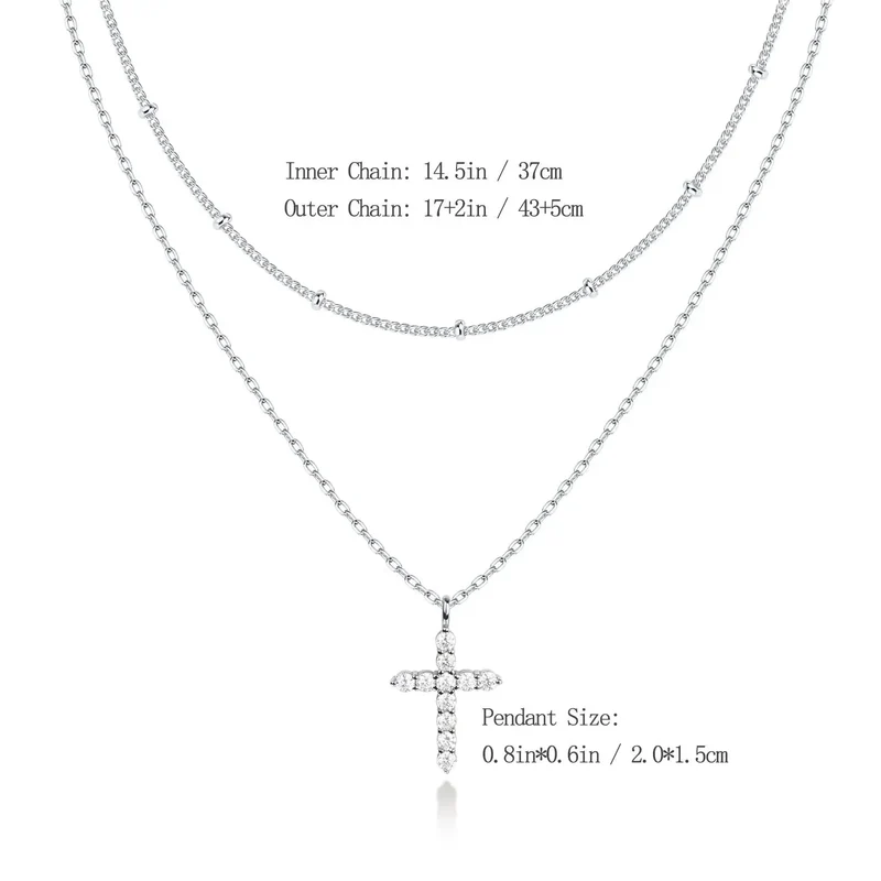 Luxury Hypoallergenic 18K Gold Plated Stainless Steel Double-Layer Micro Inlaid Zircon Cross Necklace with Adjustable Chain