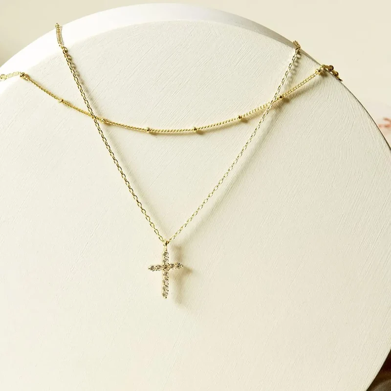 Luxury Hypoallergenic 18K Gold Plated Stainless Steel Double-Layer Micro Inlaid Zircon Cross Necklace with Adjustable Chain