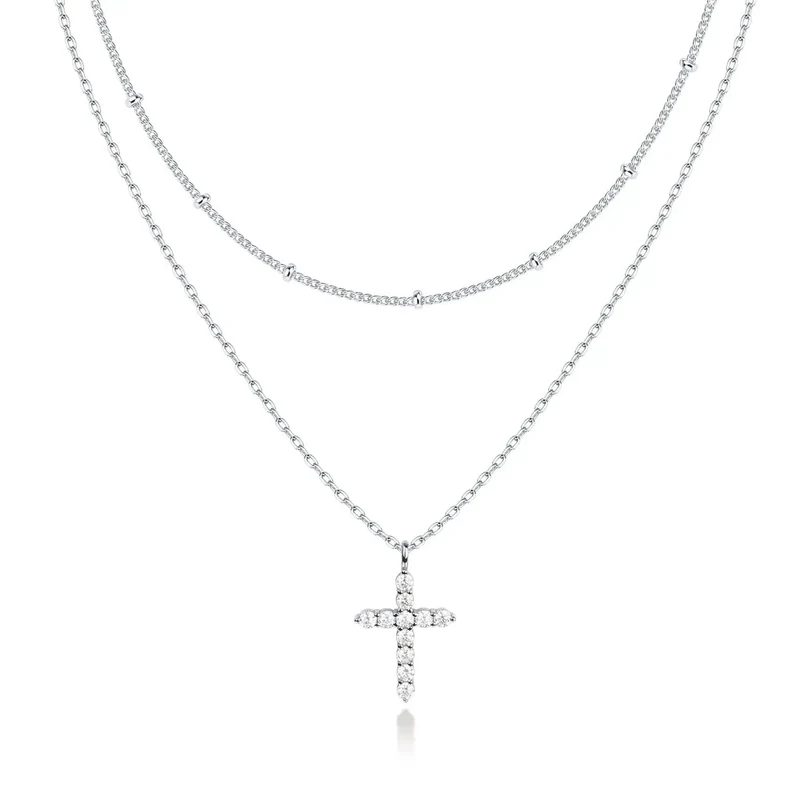 Luxury Hypoallergenic 18K Gold Plated Stainless Steel Double-Layer Micro Inlaid Zircon Cross Necklace with Adjustable Chain