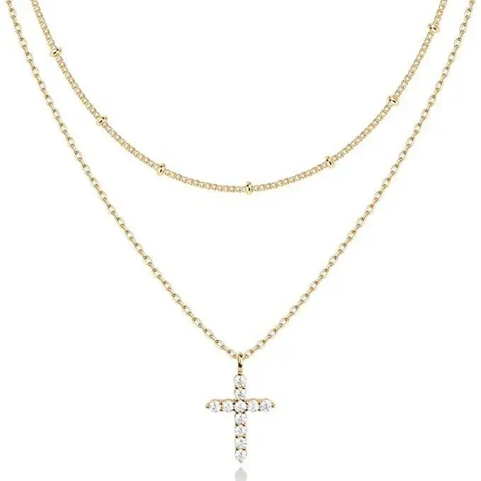 Luxury Hypoallergenic 18K Gold Plated Stainless Steel Double-Layer Micro Inlaid Zircon Cross Necklace with Adjustable Chain