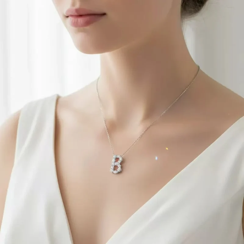 Letter B Moissanite Pendant Chain Pear Cut VVS1 Moissanite Necklace Letter Design Square Moissanite Necklace