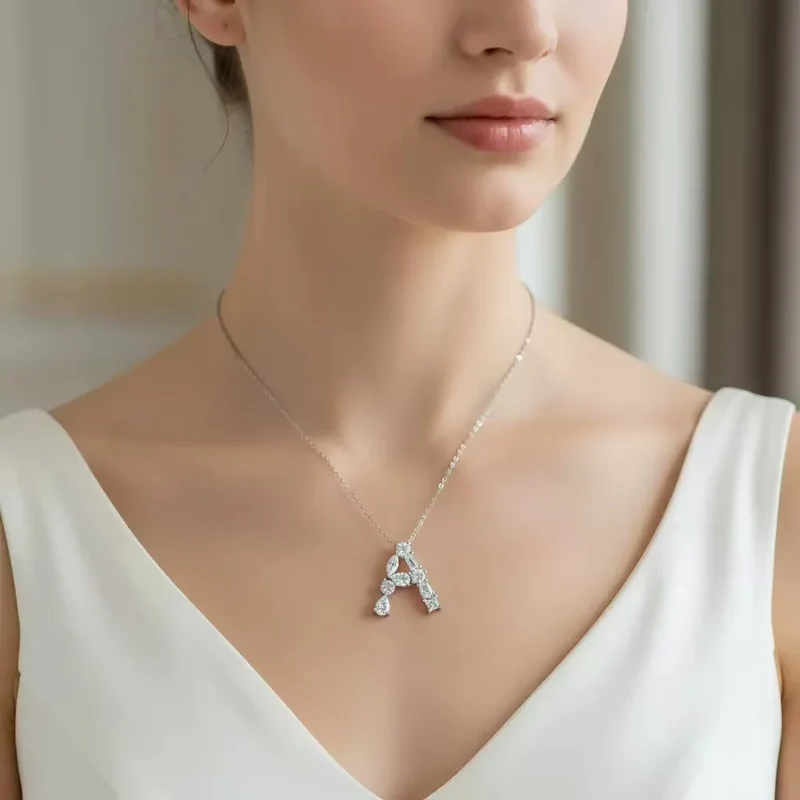 Letter B Moissanite Pendant Chain Pear Cut VVS1 Moissanite Necklace Letter Design Square Moissanite Necklace