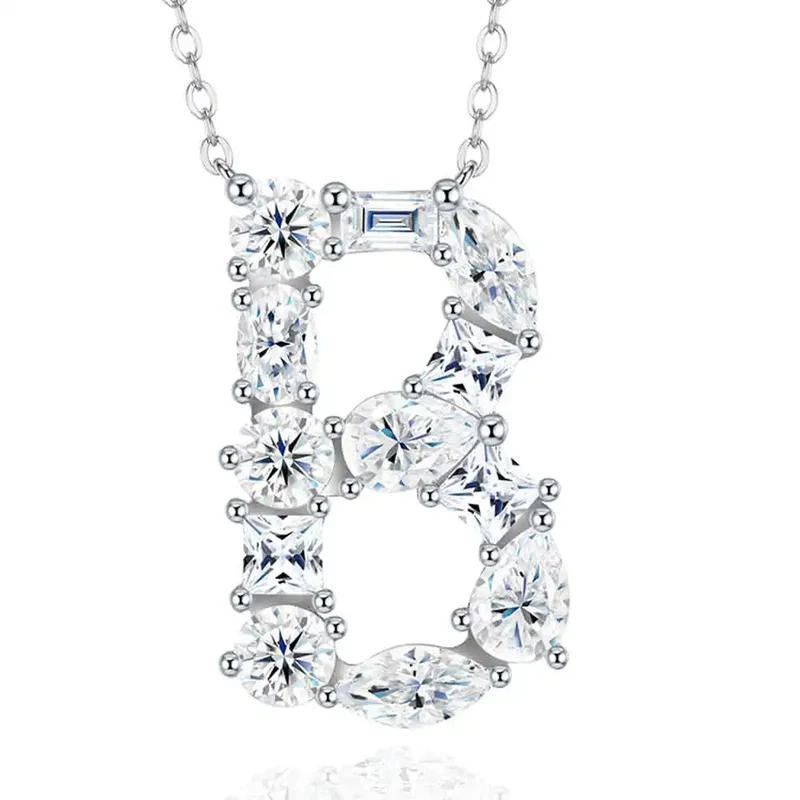 Letter B Moissanite Pendant Chain Pear Cut VVS1 Moissanite Necklace Letter Design Square Moissanite Necklace